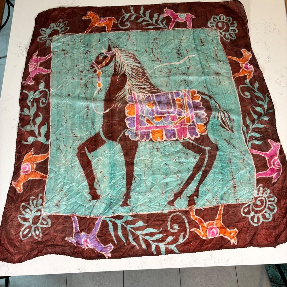 Sam Hilu Scarf Batik Silk Horse Print Wrap Wearable Art Equestrian Boho Chic